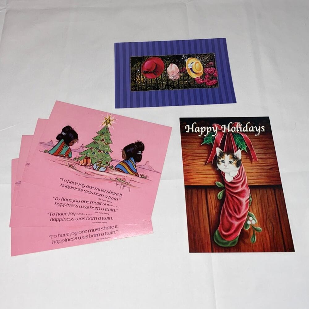 Leanin' Tree Native American Indian postcards VNTG Christmas Kitty Cat Stocking